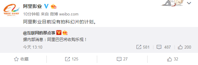 阿里影业回应收购乐视：目前没有拍科幻片的计划