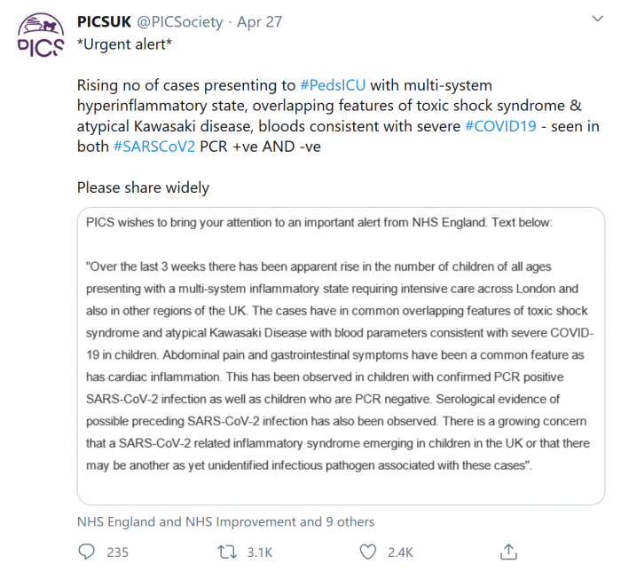 英国医生就儿童可能会出现的不寻常新冠症状发出警告
