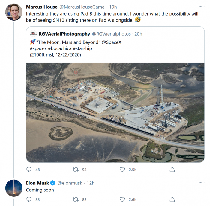 马斯克：SpaceX将在Starship测试中用上两个发射台